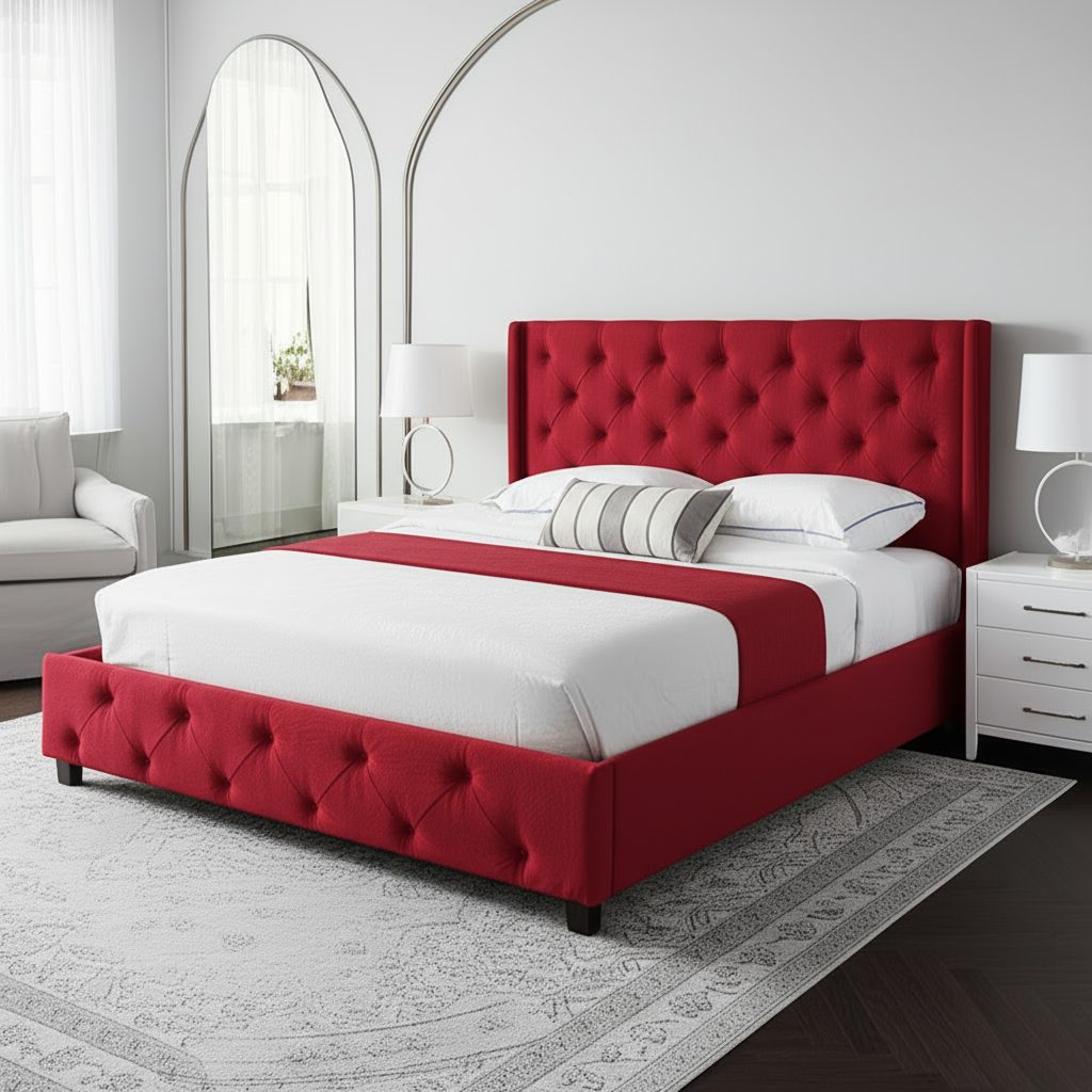 Make the bed frame a soft Pastel Pink upholstered fabric with tufted details, creating a cozy and feminine look that contrasts with the charcoal Black bedside tables.